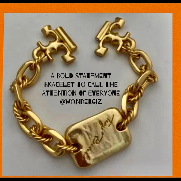 🆕 Tory Burch Authentic Torsade Vintage Gold Engraved Logo Bracelet - Picture 7 of 9